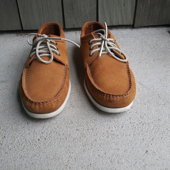 Mens Quoddy Toast Suede Gold Upper Leather Boat Sole Lace up Moccasins Size 10 - Picture 2 of 10